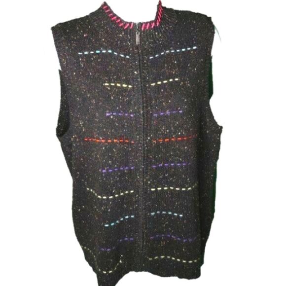 Coldwater Creek Front-Zip Vest Black with Specks of Color and Small Stripes - Picture 1 of 11
